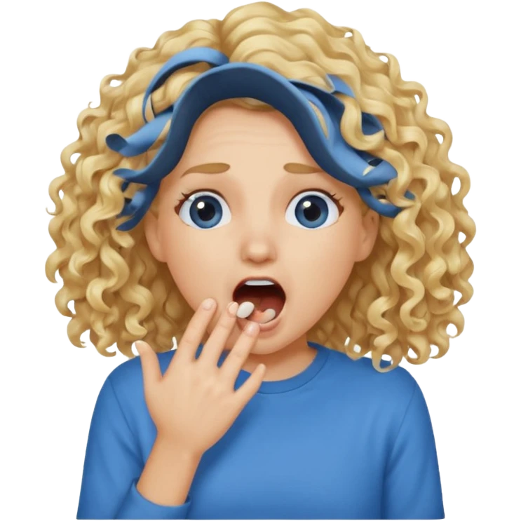 Emoji di ragazza bionda riccia che urla e mette una mano in faccia davanti la bocca e gli occhi emoji
