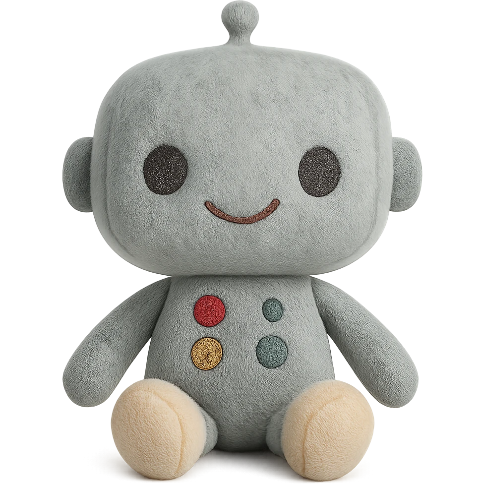 A friendly robot plush toy with embroidered buttons, soft fabric limbs, and cute stitched smile, with subtle fabric texture visible emoji