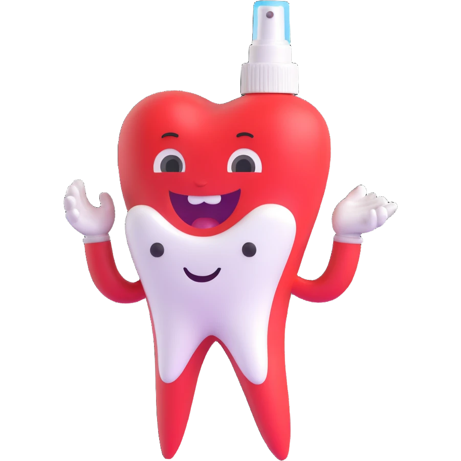 cartoon tooth character spraying mouth spray, looking refreshed and happy emoji
