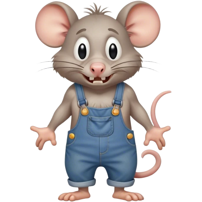  depressed disheveled dizzy cartoon hillbilly rat wearing overalls no shirt. standing and talking full body. human eyes. teeth showing talking. walking talking moving arms. angry expression sad emoji