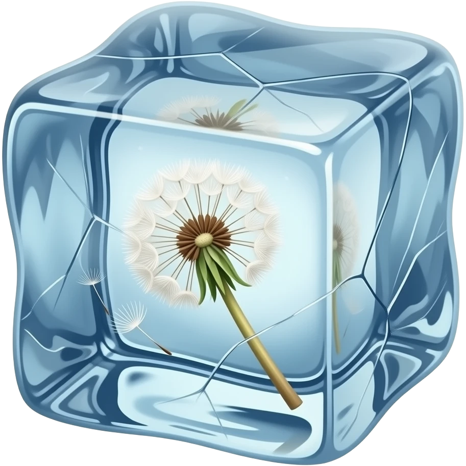 Highly detailed fantasy illustration of a crystal‑clear ice cube with a delicate dandelion trapped inside, tiny frozen seeds and cracks visible, subtle light refractions, warm parchment lighting, painterly style, transparent background, square, no text. emoji