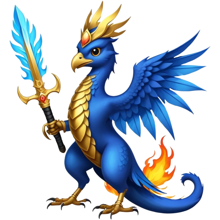
blue bird of luck, magic, golden feather, black dragon, fire, sword emoji