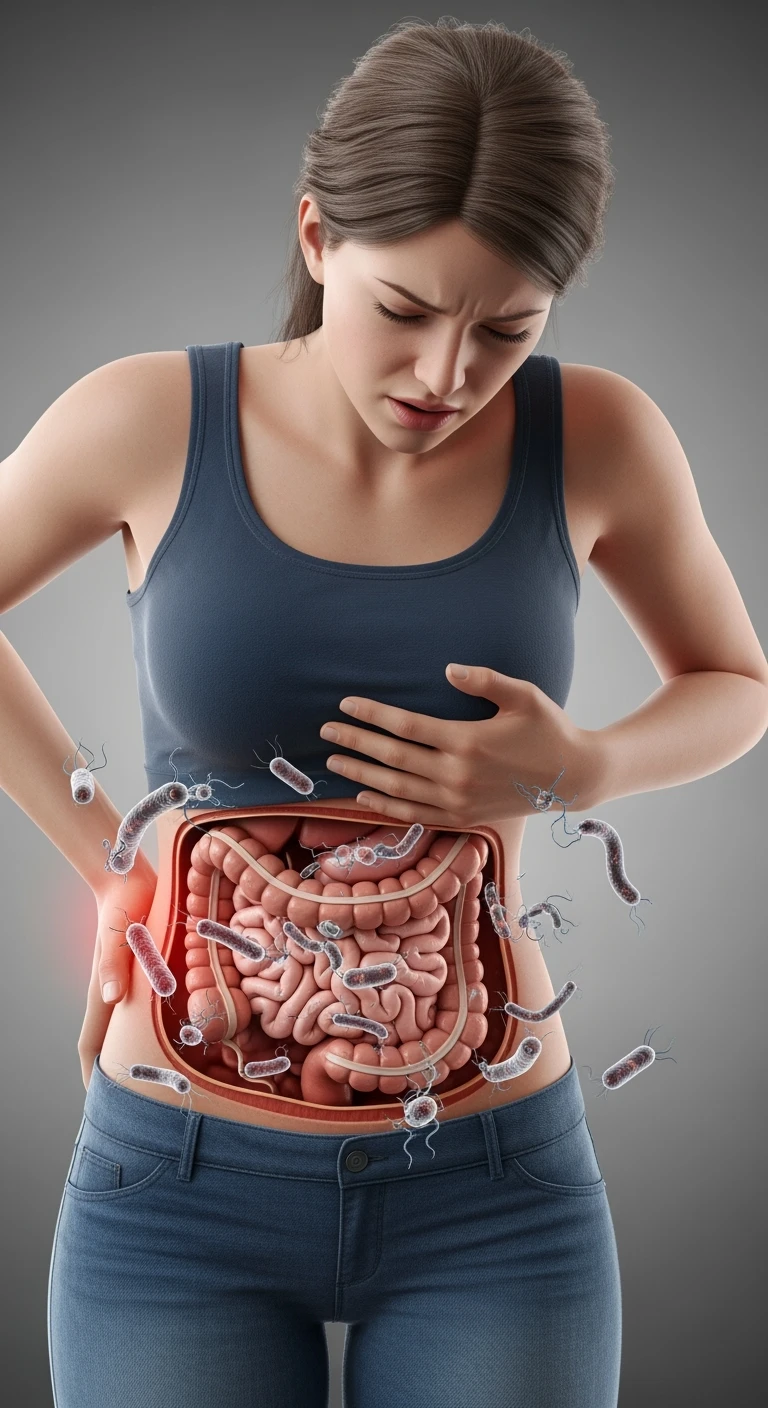 DONNA CON MAL DI PANCIA E INTESTINO UMANO ANATOMICO VISIBILE, BATTERI INTESTINALI FLUTTUANO INTORNO, IPERREALISTICO 4K emoji