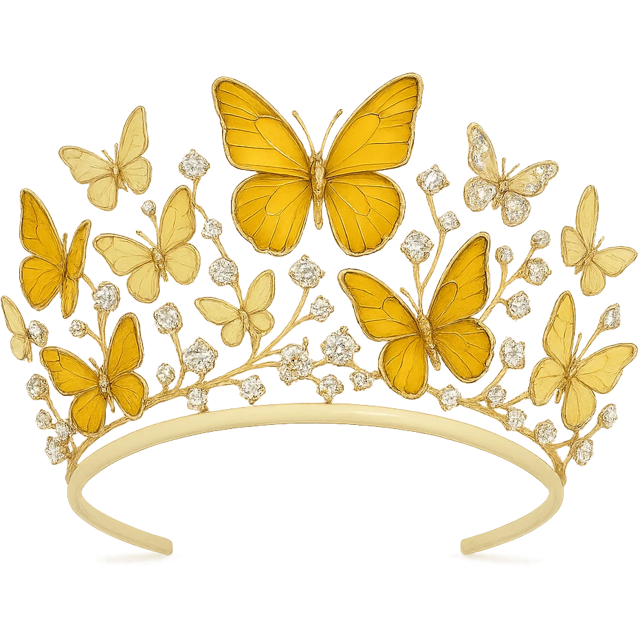 butterfly crown with a soft yellow base, butterflies in light and dark yellow enamel, sparkling gems emoji