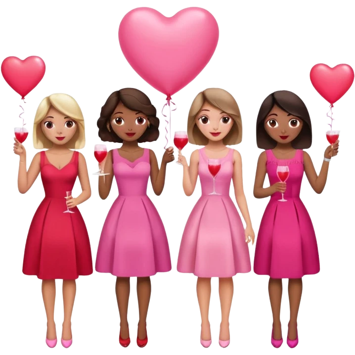 galentines party : they wea red and pink dresses, hold pink and red heart balloons and pink cocktails in their hands, there is a blond girl, a brunette, an asian, and a brown skin girl emoji