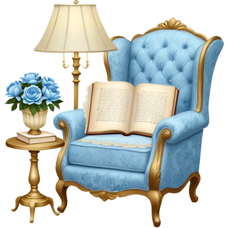 A cozy vintage-inspired reading nook, with an overstuffed ivory armchair, a golden reading lamp, and a bouquet of soft blue roses, white peonies, and dahlias resting on a small lace-covered side table, as a pearl butterfly gently rests on the open book.  emoji