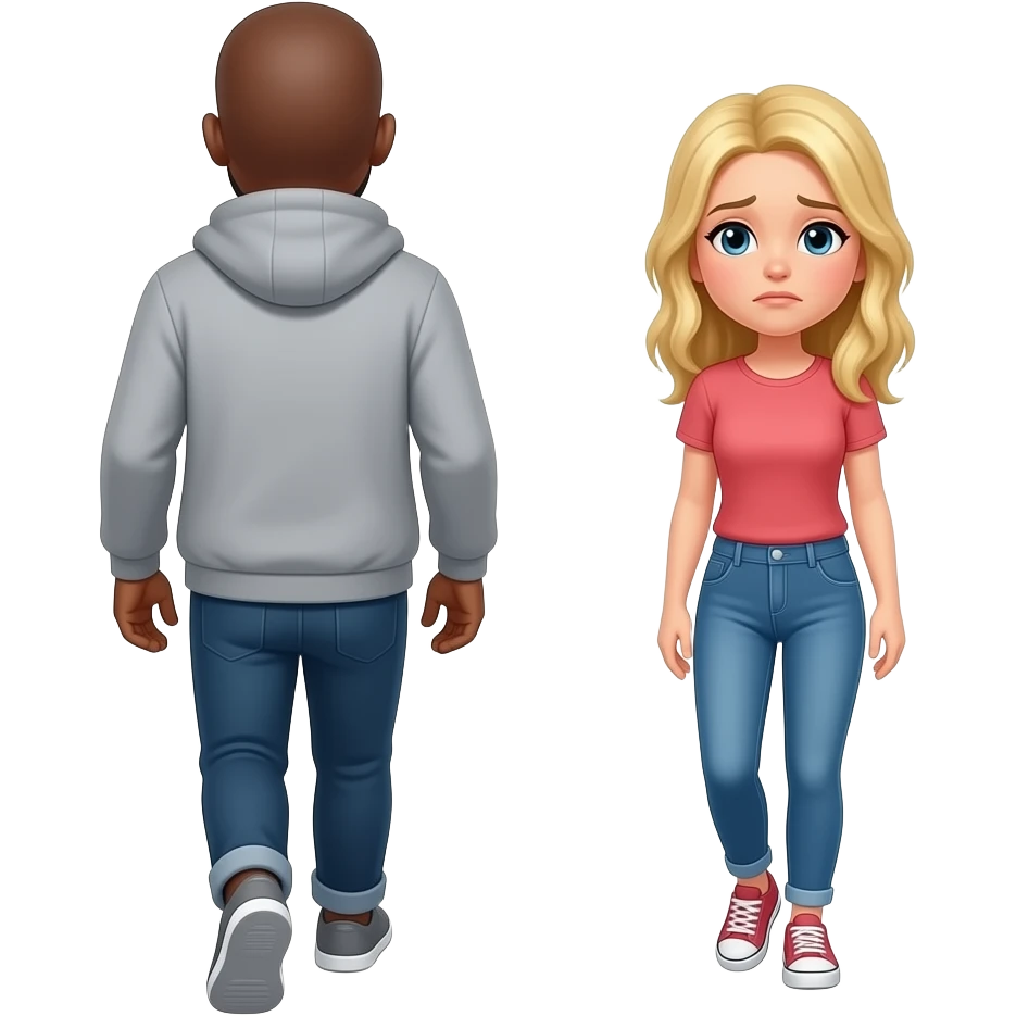 Bald black man wearing a gray hoodie walking away from sad blonde girlfriend emoji