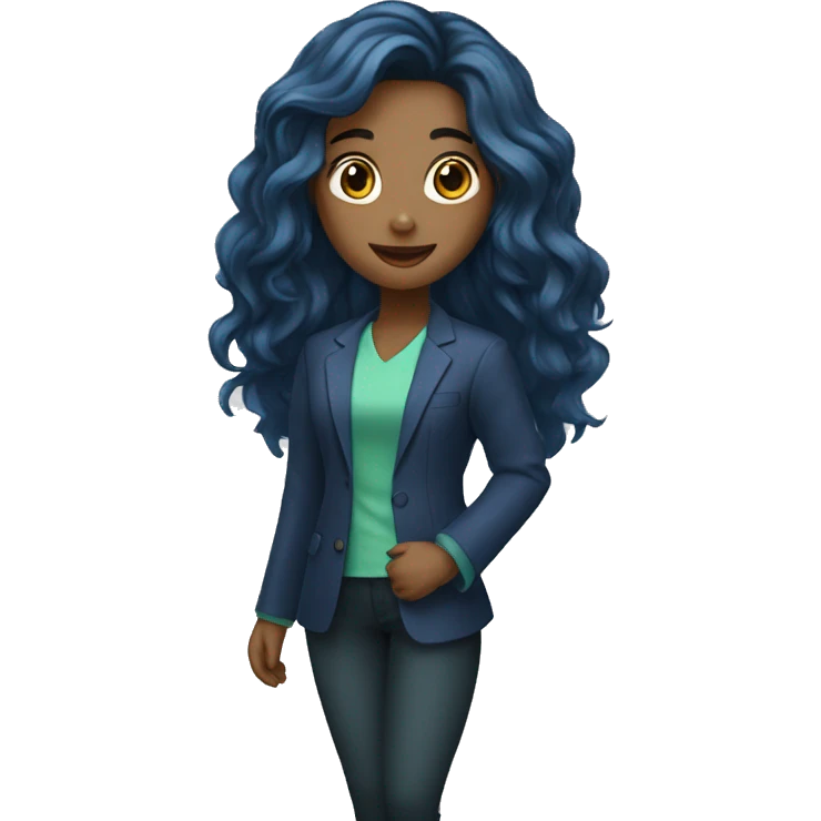 A girl College student with Blue-Geen-ish Blazer doing a Presentation with long wavy black hair emoji