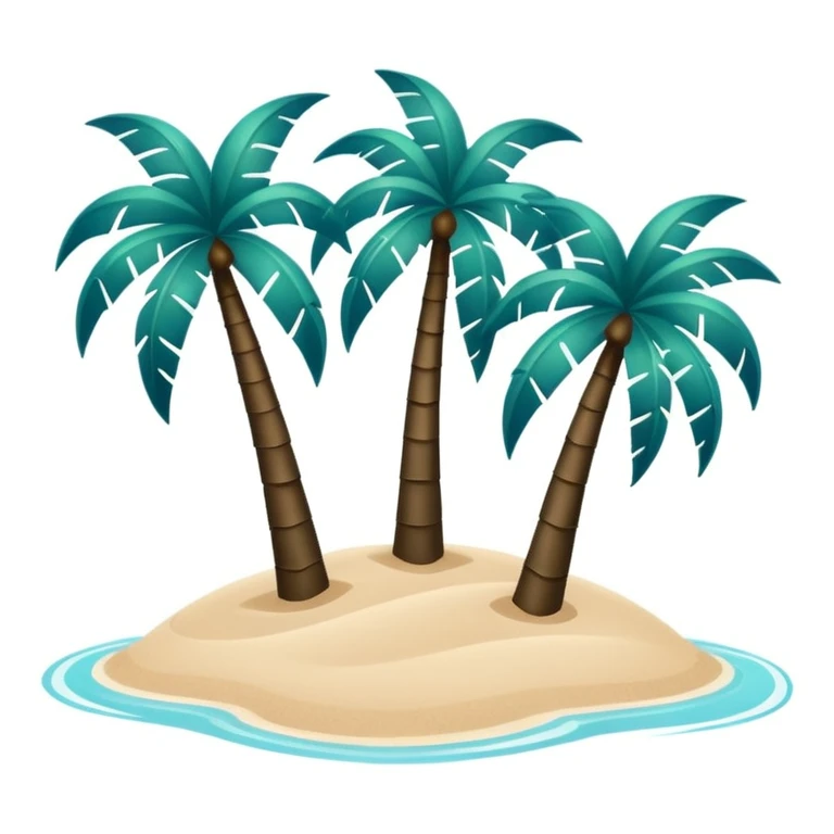 minimalist very dark green palm trees on light beige sand, surrounded by azure water, no text emoji