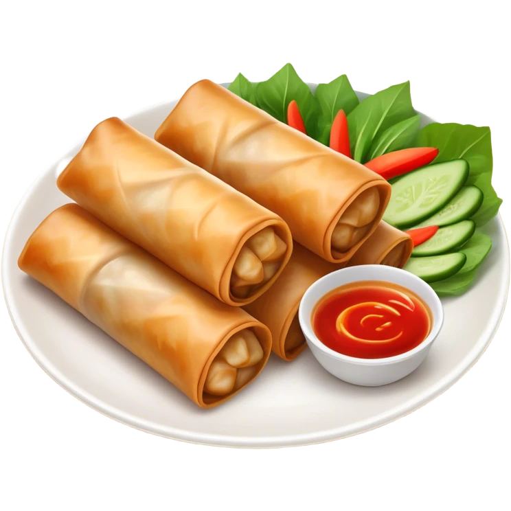 Spring Rolls Cinematic Realistic Spring Rolls Dish Emoji, depicted as 2 perfectly crisp spring rolls served with dipping sauce, rendered with lifelike textures and dynamic, appetizing lighting. emoji