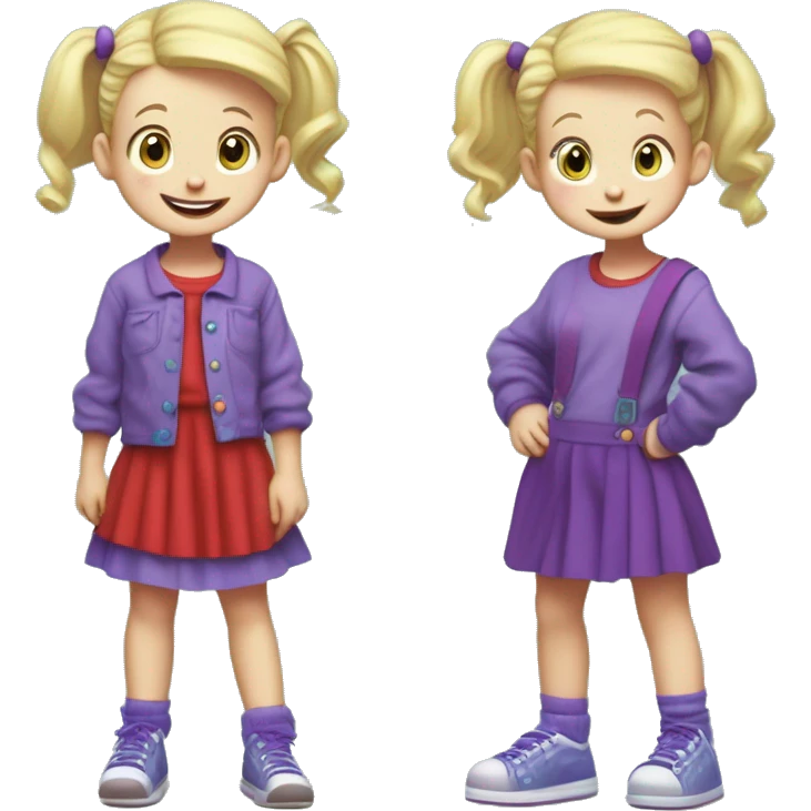 A little blonde girl with pigtails and little purple bows wearing a red long-sleeved shirt and purple overalls skirt with blue tights with green polka dots and purple sneakers, full body, rugrats emoji