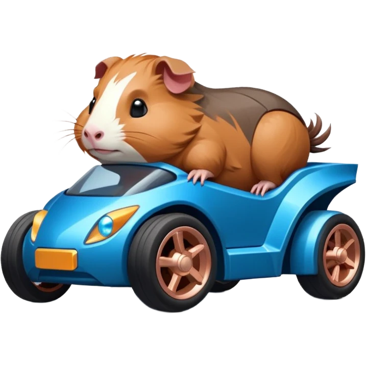 dark crystal blue and rosegold-accented cyber truck style-faceted-body electric racing car driven by a small cute but relaxed Guinea pig with rear spoiler, roll bar, and wheely bar emoji