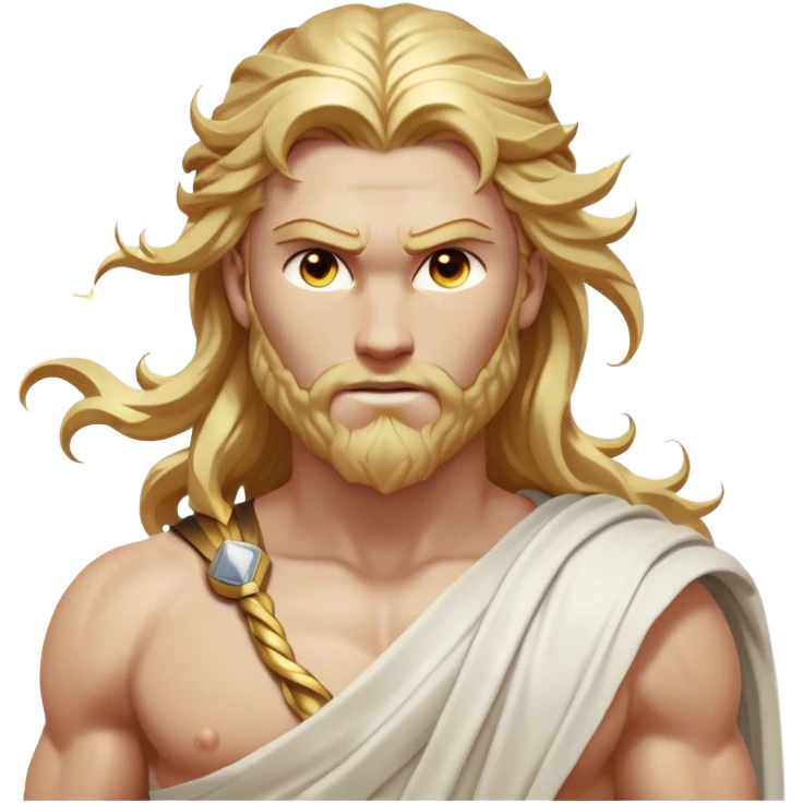 Cinematic Realistic Thor Portrait, depicted as a classical Greek god with a chiseled, sculpted physique reminiscent of ancient marble statues. His fair, luminous skin carries a subtle golden sheen, and his long, wavy, sun-kissed golden hair flows elegantly around his noble face, accentuating his determined, piercing eyes. Draped in a flowing white toga with delicate golden accents and hints of lightning motifs, the portrait is rendered in dynamic natural lighting with a radiant, mythic glow that exudes timeless strength and divine grace. emoji