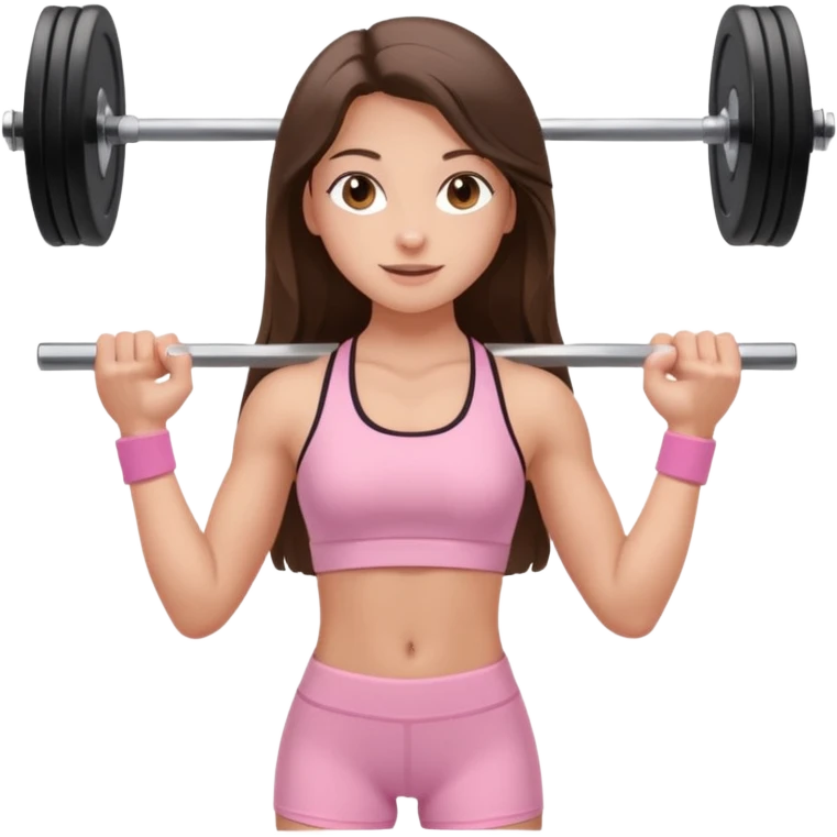 white happy brunette teen long hair with hazel eyes in light pink workout clothes holding a barbell  emoji