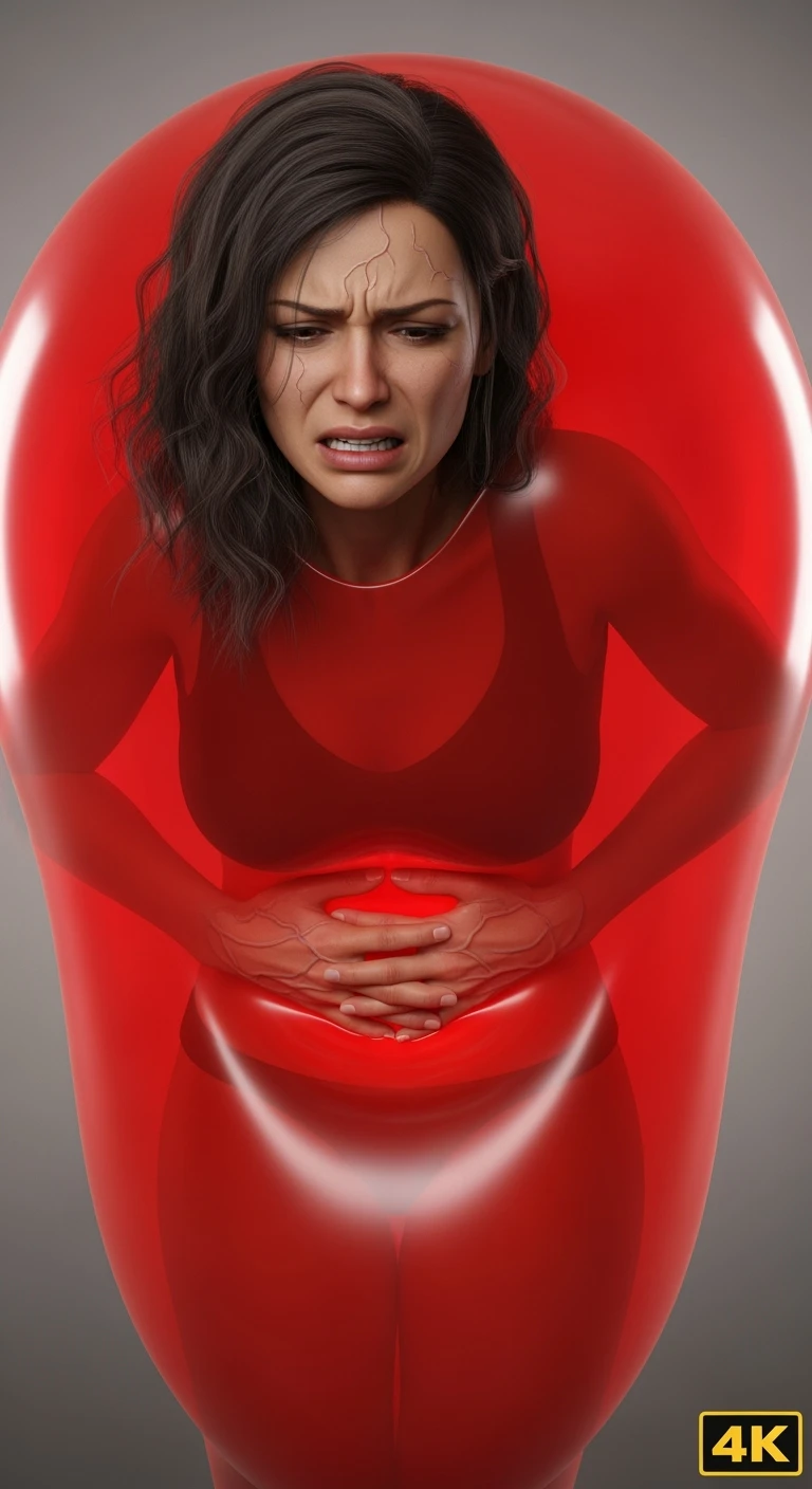 DONNA CON GONFIORE DI PANCIA E INTESTINO CHIUSO IN UN PALLONCINO ROSSO, ESPRESSIONE DI DOLORE IN VOLTO, IPERREALISTICA 4K emoji