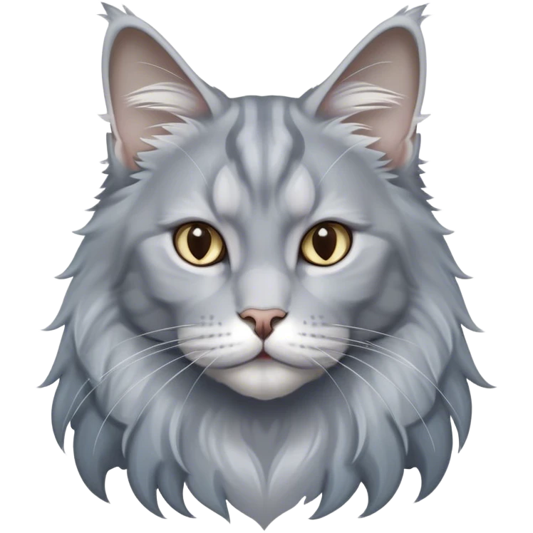 Cinematic Solid Grey Maine Coon Cat Portrait Emoji, Elegant and alert, sleek grey and silver tones with soft undercurrents of blue, Simplified yet sharp features, highly detailed, glowing with a calm, wise glow, high shine, intelligent and poised with a long, wise face that speaks of experience, stylized with an air of grace, focused and attentive, soft glowing outline, capturing the essence of strength and wisdom, so lifelike it feels as though it could spring into motion at any moment, exuding a sense of majestic age and quiet dignity. emoji