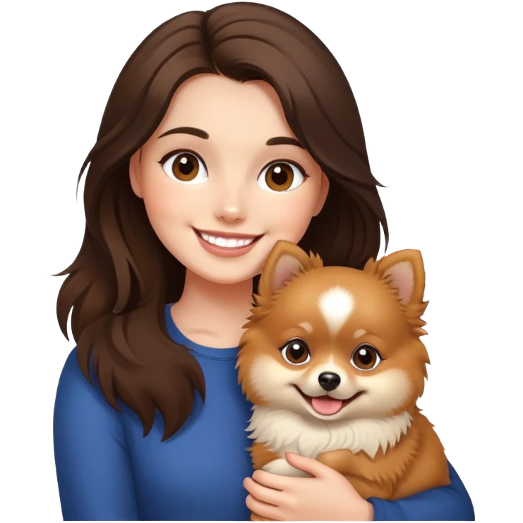 A brunette girl smiling with a pomerania in her hands  emoji