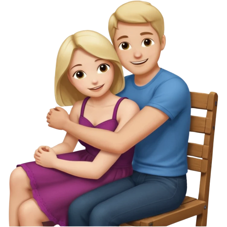 A woman sitting on a man's lap straddling him on an armless wooden chair.face to face  emoji