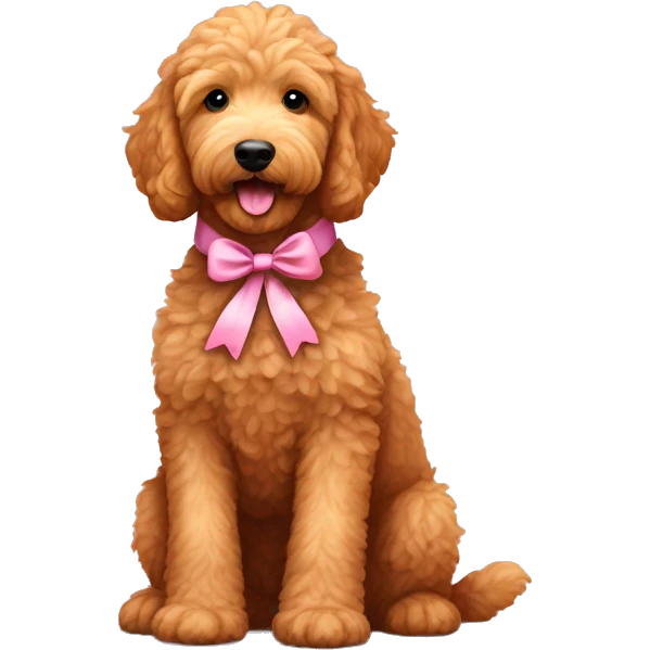 Ginger golden doodle. Baby. Full body sitting down. Pink ribbon  emoji