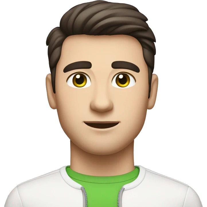 Man with short, dark brown hair with a minimal quiff and green eyes. Have friendly expression, be dressed in a white elegant shirt, and be shown with AirPods and MacBook emoji