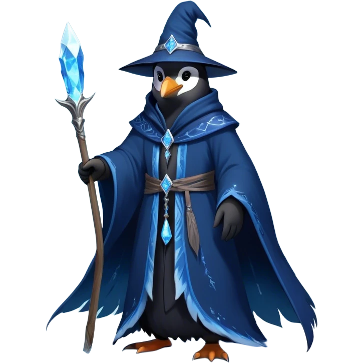 A mysterious penguin mage with sleek midnight-blue feathers, wearing a flowing black robe adorned with silver runes. A tall, pointed wizard hat sits slightly tilted on his head, the brim casting a shadow over his glowing icy-blue eyes. His flipper clutches an ancient wooden staff topped with a swirling crystal, radiating a soft, cold light. Snowflakes drift around him as he stands on a frozen cliff, his aura crackling with arcane energy, ready to summon a blizzard with a flick of his staff. emoji
