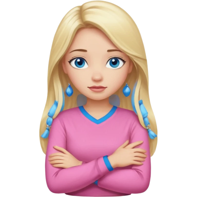 A girl with blue eyes, full lips and blonde long hair in a pink blouse shows no with her hands, crossing them emoji