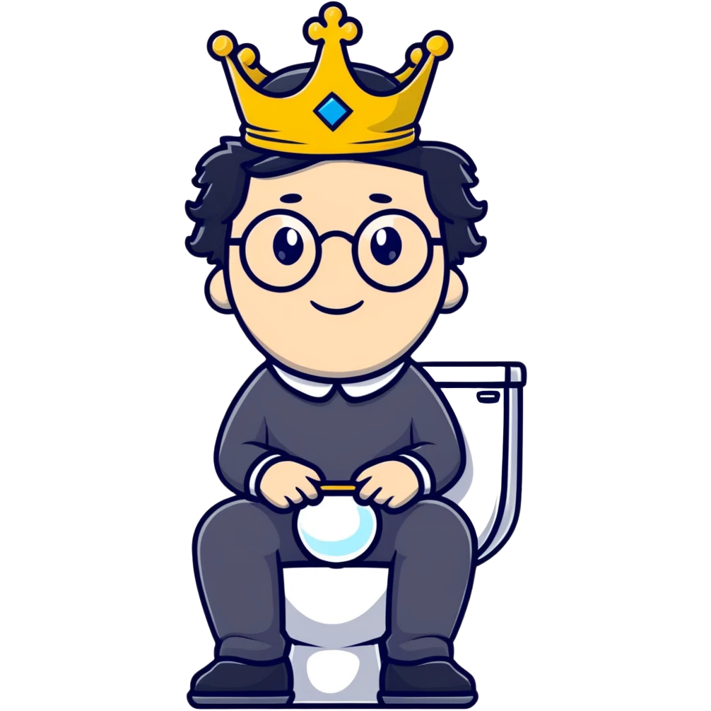 King Charles III with crown sitting on a toilet, wearing round glasses and black hair emoji