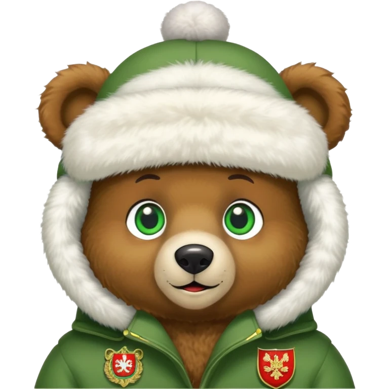 Sweet brown teddy bear face with friendly expression and bright green eyes, snow white furry ushanka hat with detailed Russian Federation coat of arms, iOS emoji style emoji