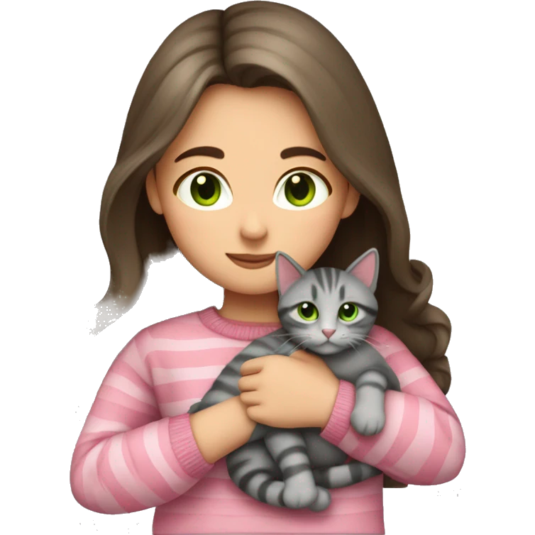 Brunette girl with long hair and green eyes in a pink sweater hugs a gray striped cat emoji