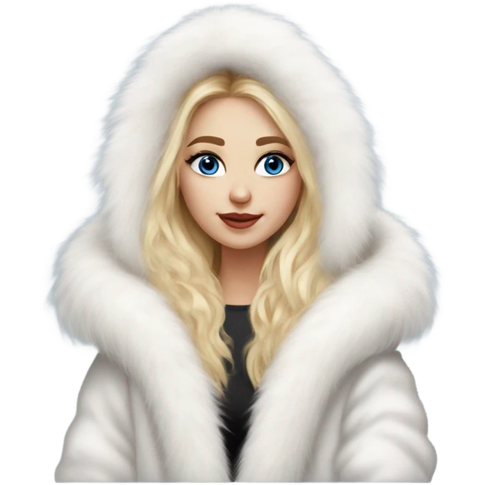 Beautiful Girl with lashes and blue eyes, blonde hair, in a extremely big fluffy oversized white fur coat with hood on. The fur is real and it’s very obvious big and fluffy  emoji
