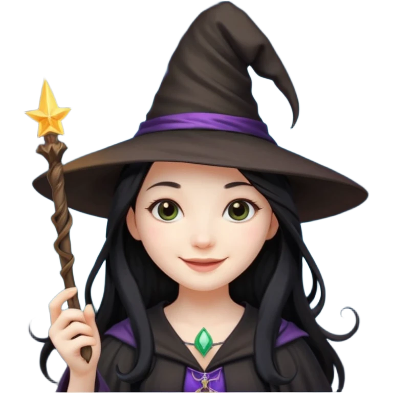 a girl with black long hair, witch hat and a magic wand in her hand emoji