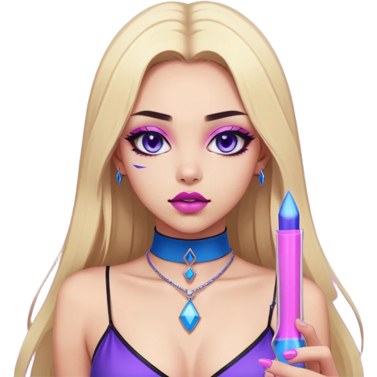 Sticker with a full-length front view of a girl. Hourglass figure. Long straight blonde hair with blue tips. Light skin, erotic makeup with sharp eyeliner and purple lips, pink choker on the neck. Erotic pose, ahegao facial expression. Realistic style, clean neutral background. emoji