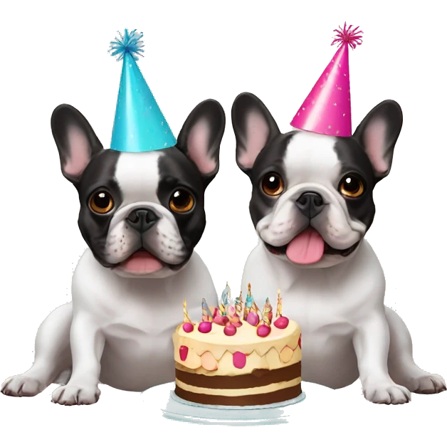 two french bulldogs birthday hats and cake emoji