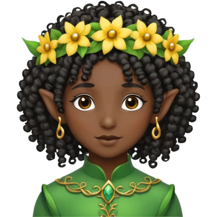 tiny Elf with Flower Crown, curley hair, black emoji