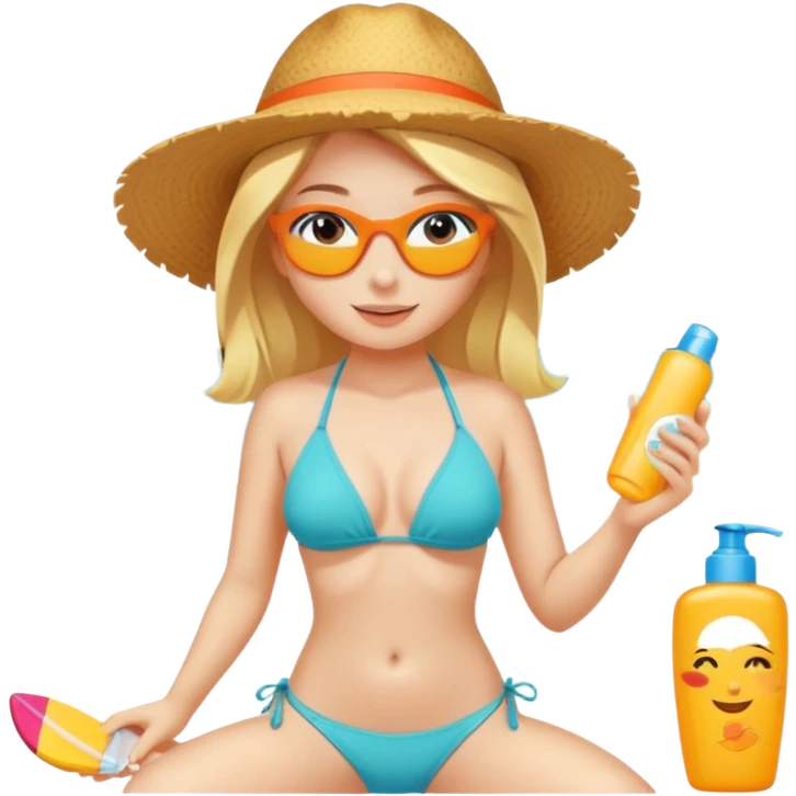 girl in bikini, sunscreen, hot sunny day, sunbathing, SPF, beach vibes emoji