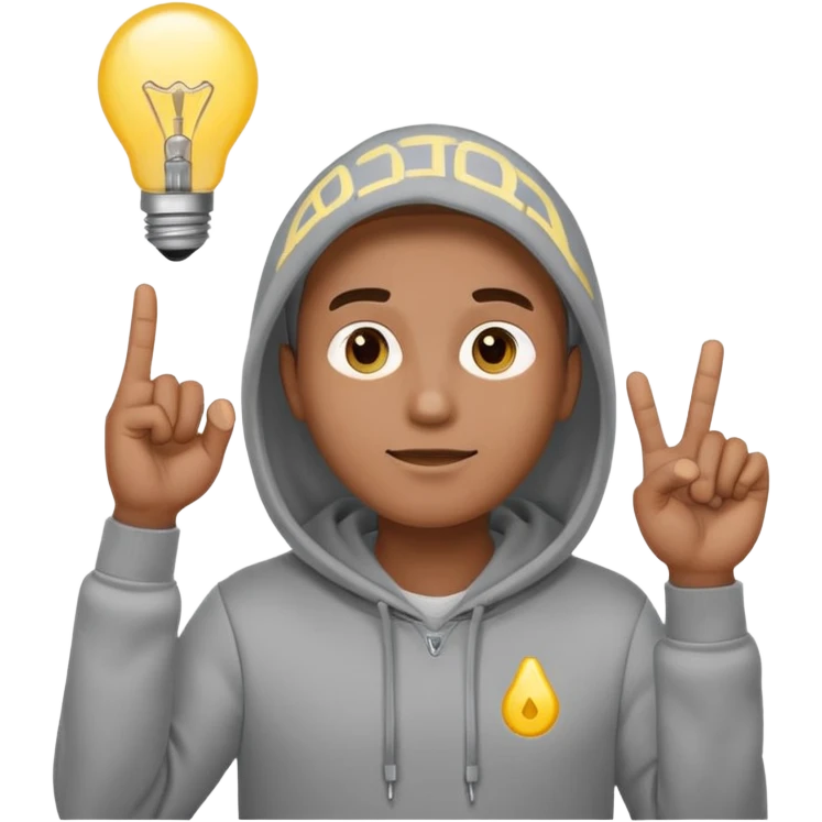 entrepreneur in a hoodie with a light bulb above head, finger raised, emoji style emoji