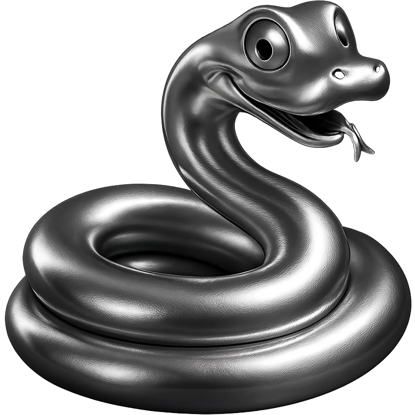 3D chrome snake, shiny metallic, coiled, with a playful expression emoji