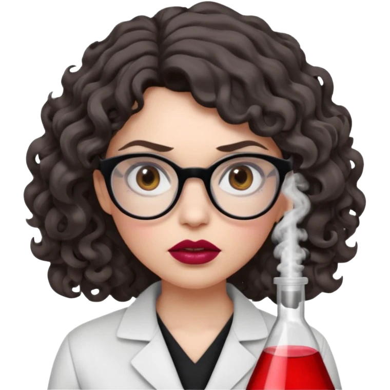 A crazy female scientist, with curly-wavy dark brown medium lenght hair, brown eyes and light grey glasses and pale skin and pinkish lips, dressed to look like an english teacher but in neutral tones like grey black white, maybe with the pop of dark red, she should look slighltly mad/crazy emoji