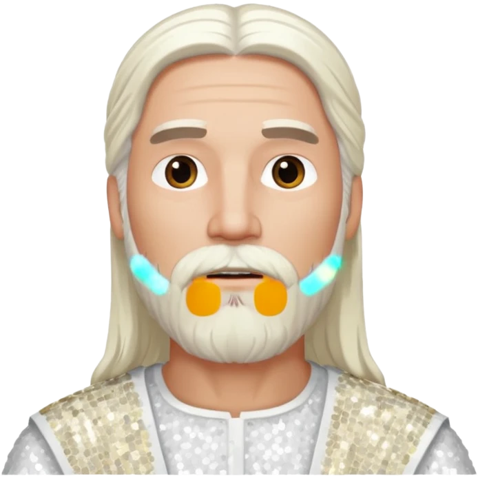 Jesus, Son of God from Gods and Goddesses with long white hair and beard, white sequin outfit emoji