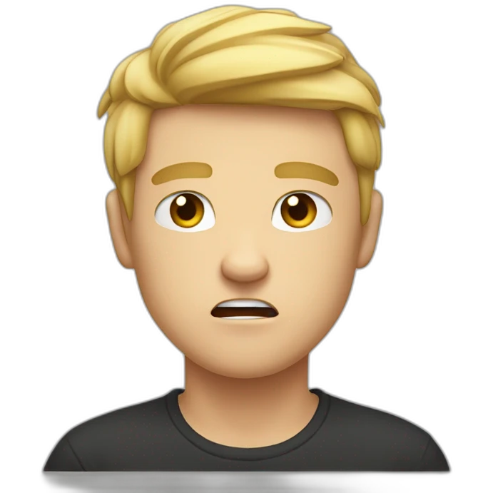 loss stricken light haired angry young man in dark t-shirt with clenched fists over his head emoji