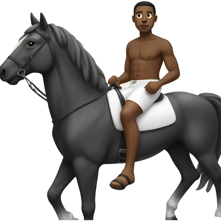 black man on a horse backwards with no shirt and white beach pants emoji