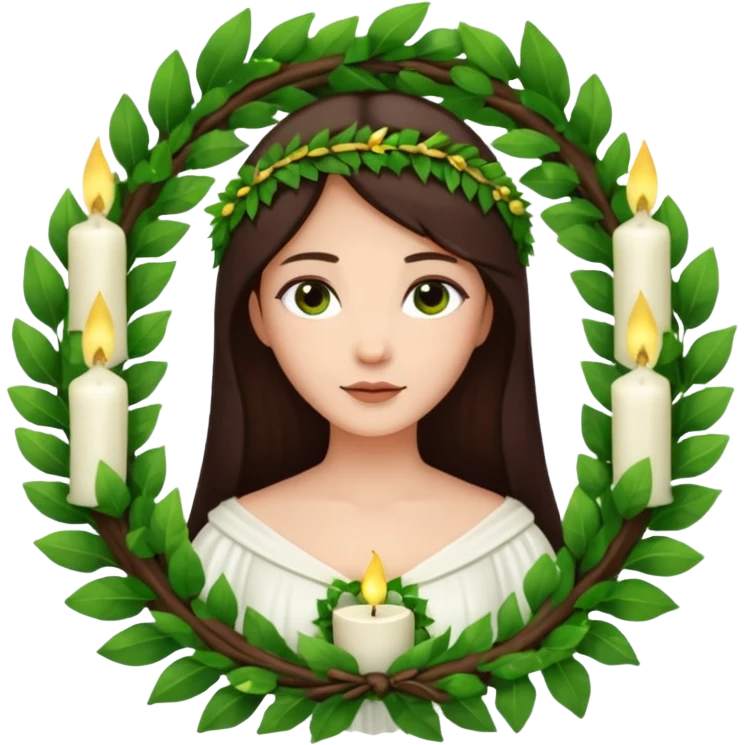  saint lucia with dark brown hair with a white gown and a wreath made from greenery with candles on top of the wreath emoji