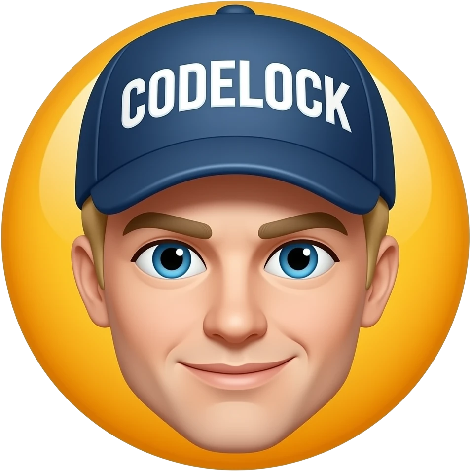 A small, high-detail Discord emoji of a confident hockey-themed emoji face named “Codelock.” Expression calm, calculated expression with a slight smirk—projecting authority, intelligence, and control. Blonde hair, and Codelock Across The Top in Bold, Coach Hat, CODELOCK Emoji in background emoji
