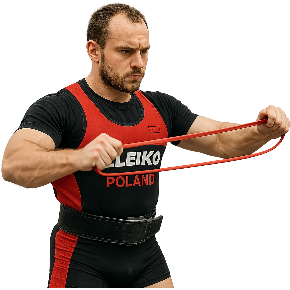 European powerlifter in competition, training backstage with resistance bands, competition clothing, focused atmosphere, isolated on white background emoji