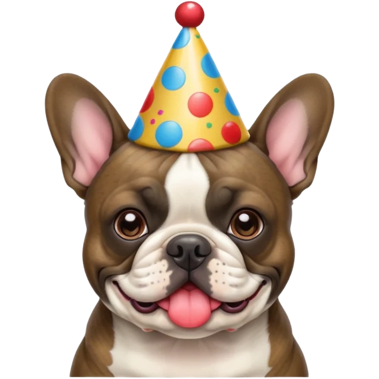 french bulldog with a birthday hat and brindle coloring. please make it apple emoji style please emoji