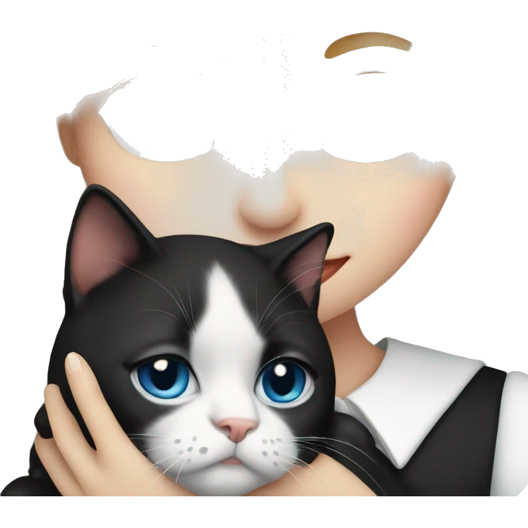 Blonde girl with blue eyes, cuddling a black&white tuxedo cat emoji