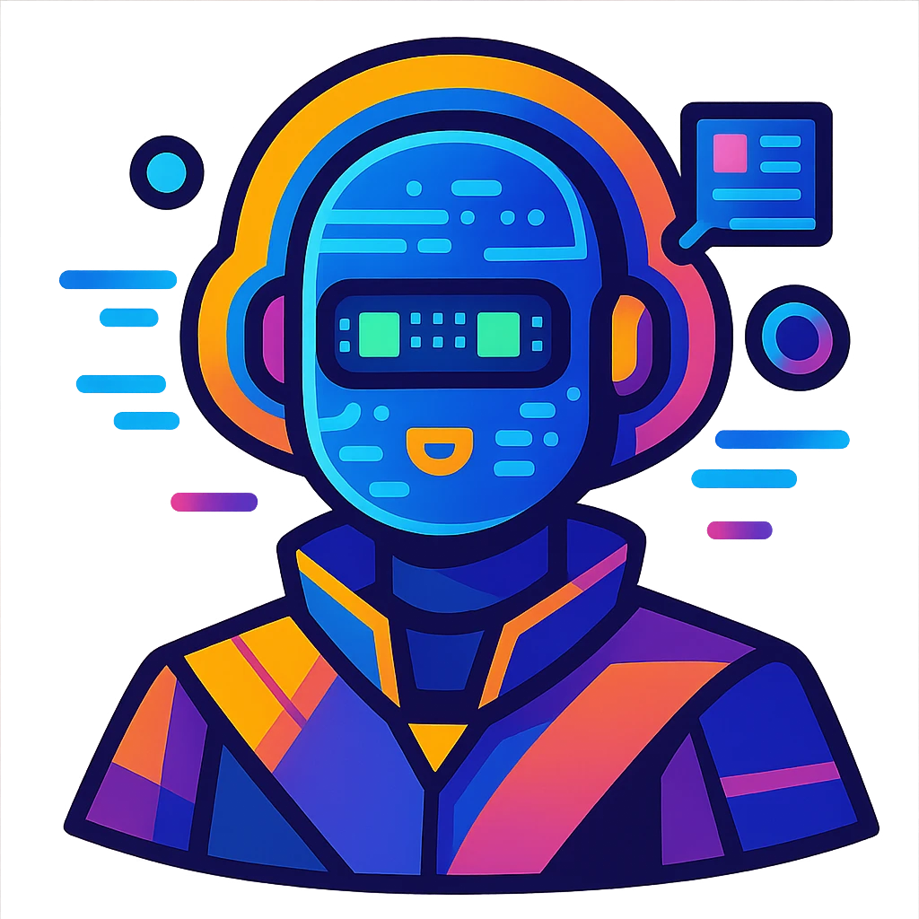 futuristic AI-Ambassador, abstract AI face with digital patterns, floating holographic elements, vibrant colors in vibrant toon style emoji