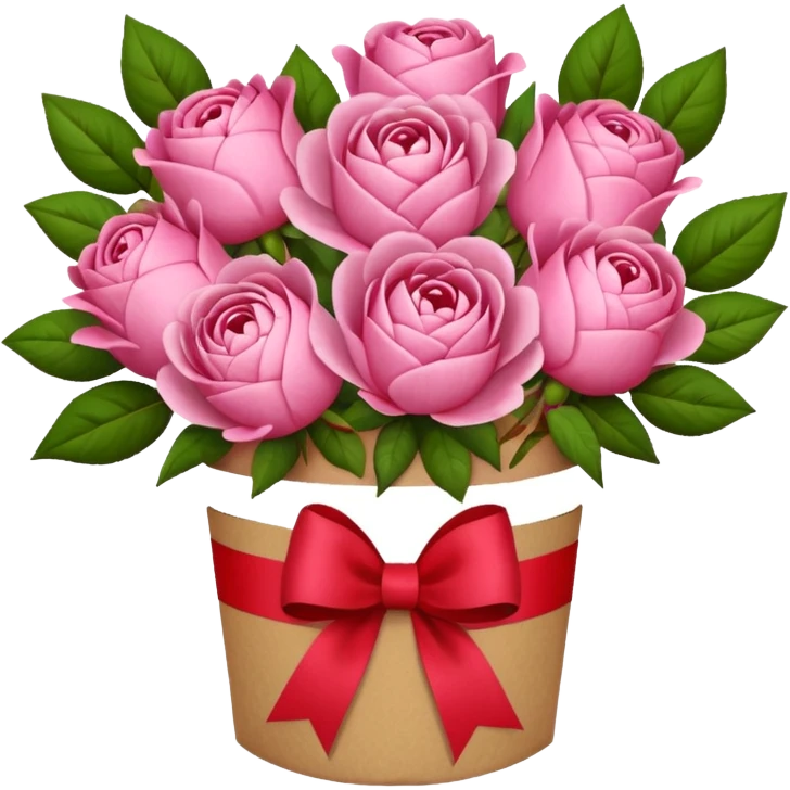 Bouquet of pink flower like rose and peony wrapped in kraft paper with red bow emoji