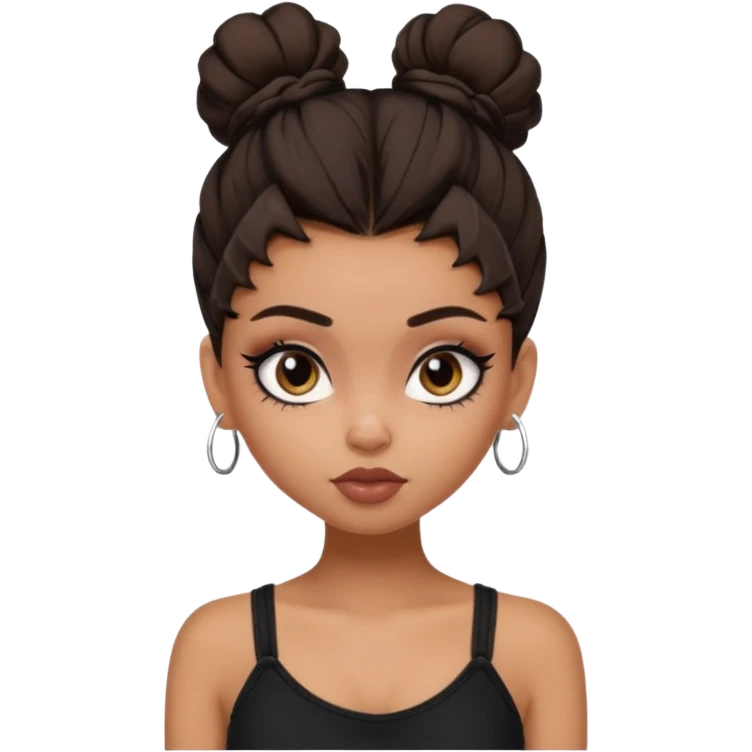 generate a pretty bratz girl in black cami top, dark brown messy bun, eyeliner on. dark brown eyes emoji