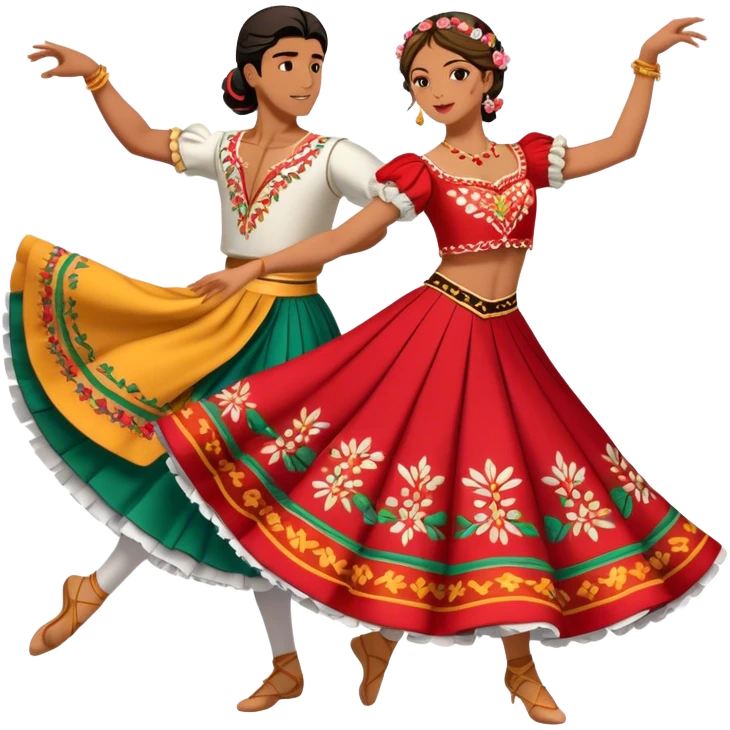 Cinematic Realistic scene of two dancers performing the Tarantella, dressed in vibrant, flowing traditional costumes with detailed embroidery and dynamic skirts, captured in festive motion with warm, lively lighting emoji